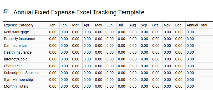Annual Fixed Expense Excel Tracking Template