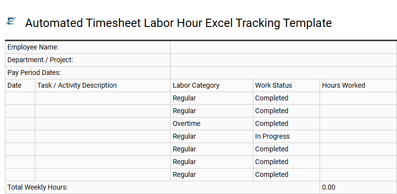 Automated Timesheet Labor Hour Excel Tracking Template