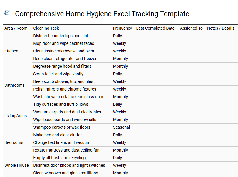 Comprehensive Home Hygiene Excel Tracking Template