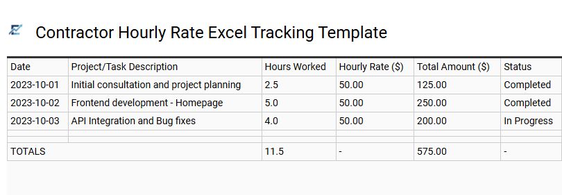 Contractor Hourly Rate Excel Tracking Template
