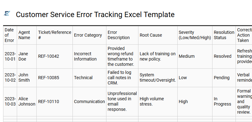 Customer Service Error Tracking Excel Template