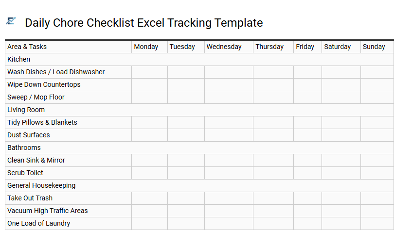 Daily Chore Checklist Excel Tracking Template