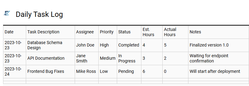 Daily Task Log