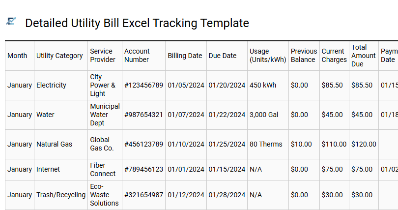 Detailed Utility Bill Excel Tracking Template