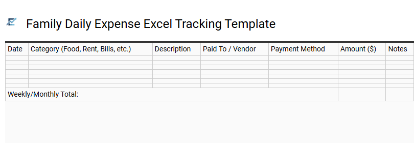 Family Daily Expense Excel Tracking Template