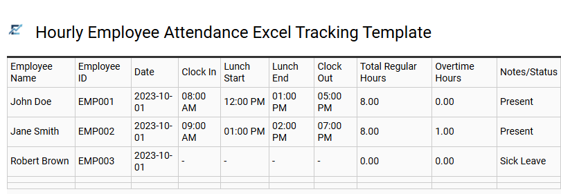 Hourly Employee Attendance Excel Tracking Template