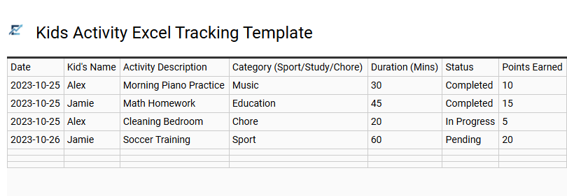 Kids Activity Excel Tracking Template