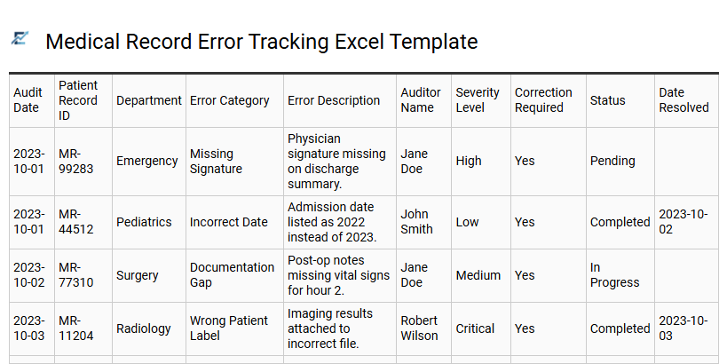 Medical Record Error Tracking Excel Template
