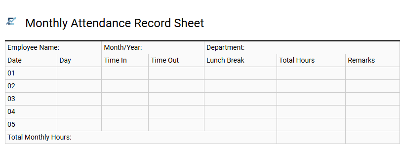 Monthly Attendance Record Sheet