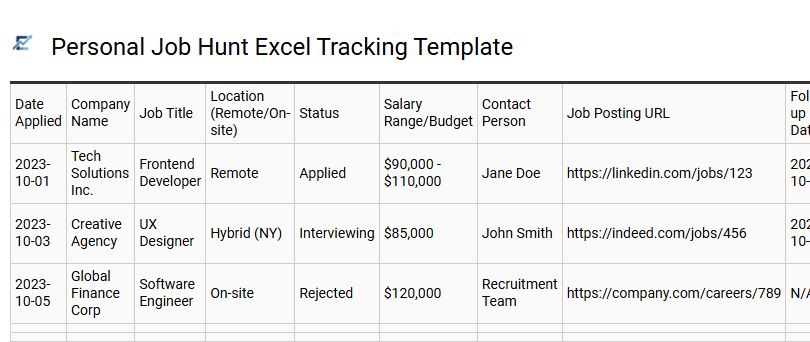 Personal Job Hunt Excel Tracking Template