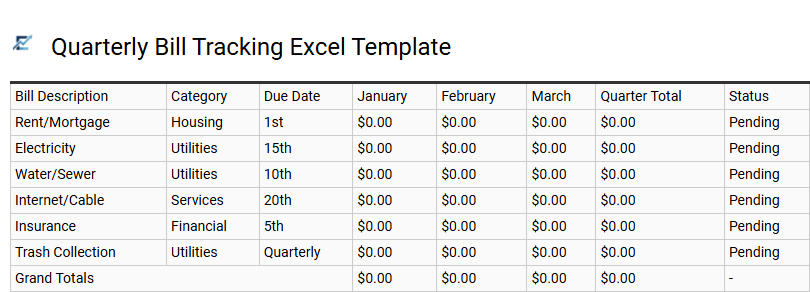 Quarterly Bill Tracking Excel Template