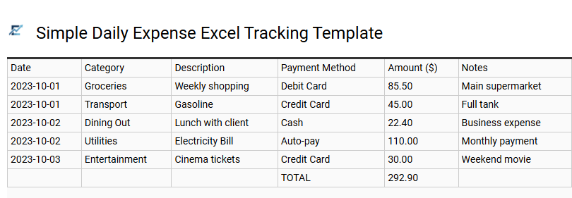 Simple Daily Expense Excel Tracking Template