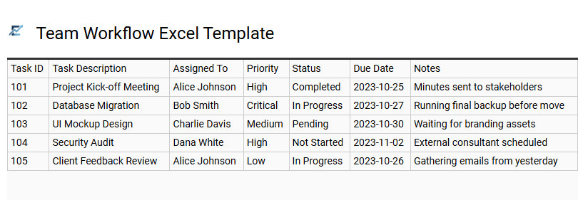 Team Workflow Excel Template