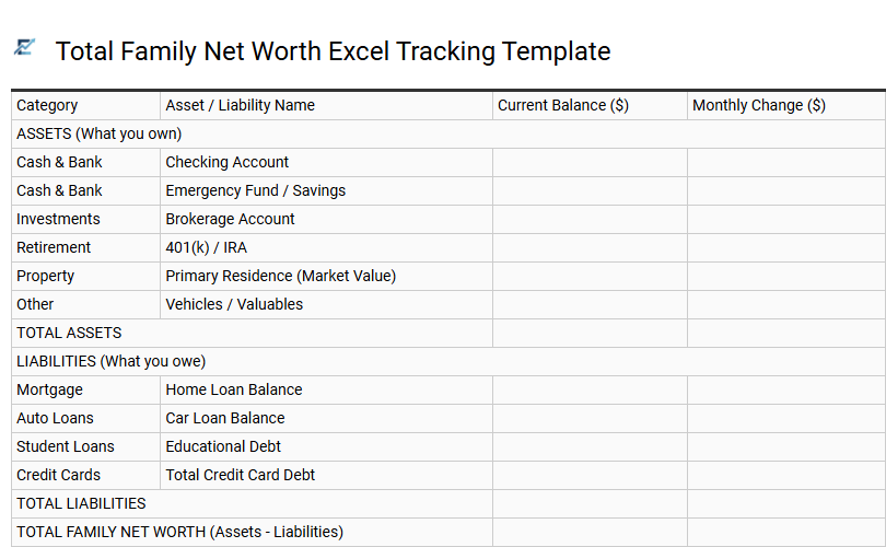 Total Family Net Worth Excel Tracking Template