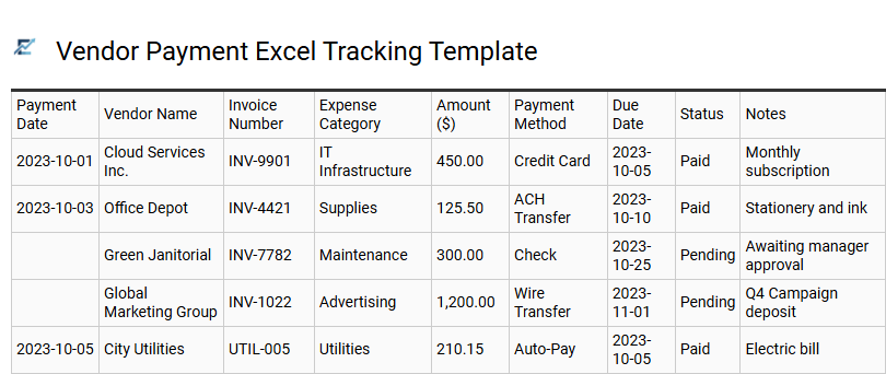 Vendor Payment Excel Tracking Template