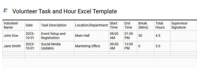 Volunteer Task and Hour Excel Template