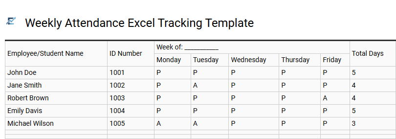 Weekly Attendance Excel Tracking Template