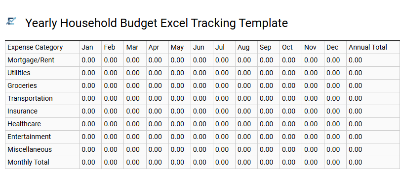 Yearly Household Budget Excel Tracking Template