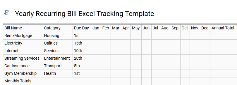 Yearly Recurring Bill Excel Tracking Template