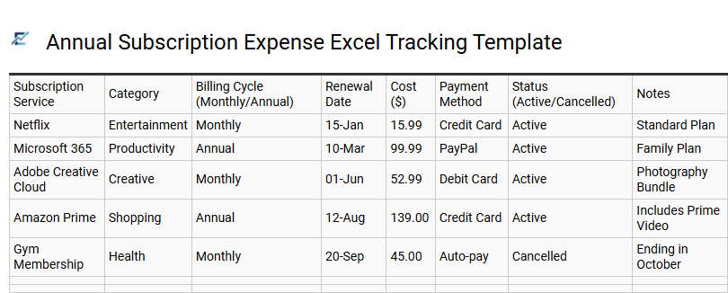 Annual Subscription Expense Excel Tracking Template
