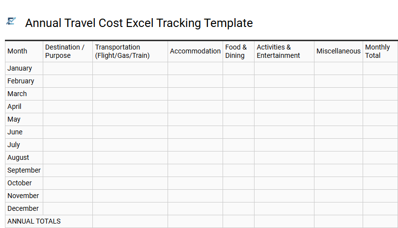 Annual Travel Cost Excel Tracking Template