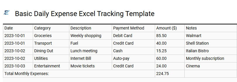 Basic Daily Expense Excel Tracking Template