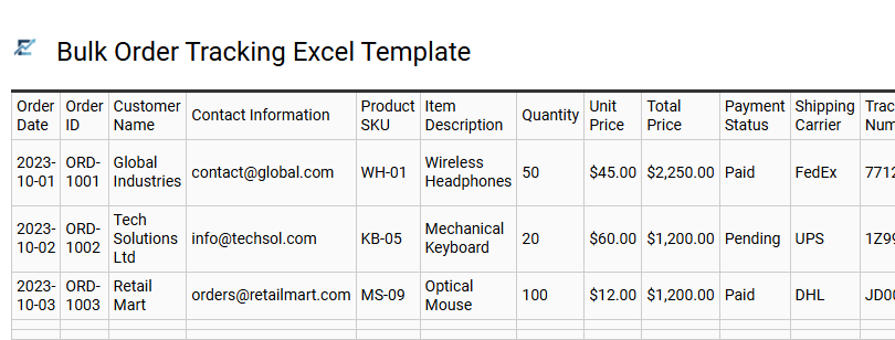 Bulk Order Tracking Excel Template