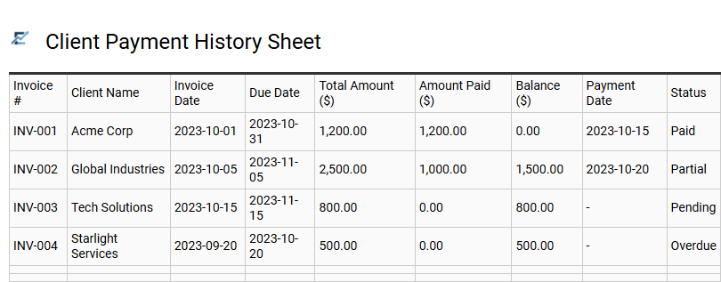 Client Payment History Sheet