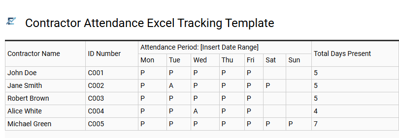 Contractor Attendance Excel Tracking Template