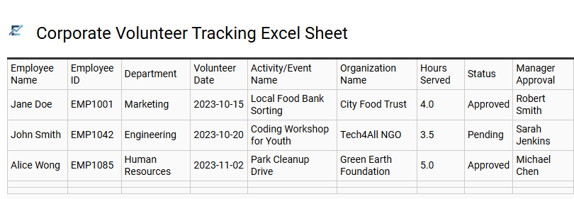 Corporate Volunteer Tracking Excel Sheet