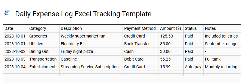 Daily Expense Log Excel Tracking Template