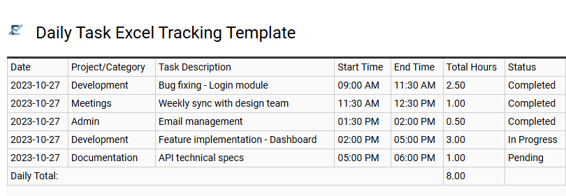 Daily Task Excel Tracking Template