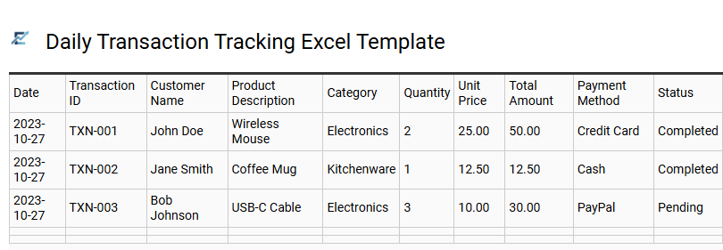 Daily Transaction Tracking Excel Template