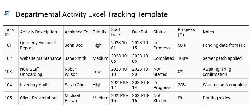 Departmental Activity Excel Tracking Template