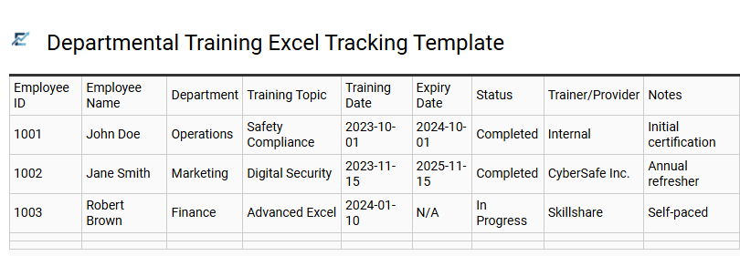 Departmental Training Excel Tracking Template