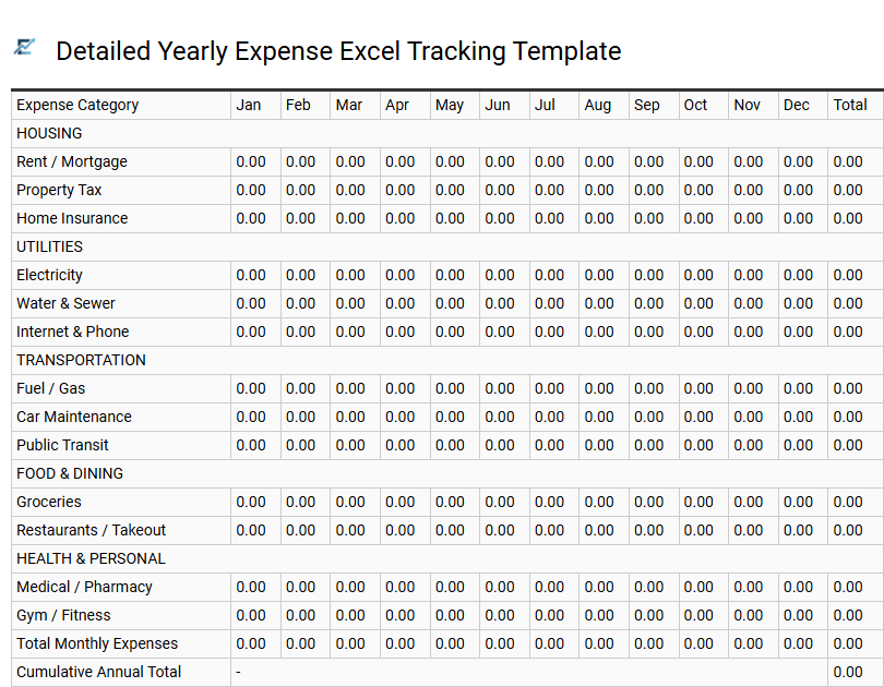 Detailed Yearly Expense Excel Tracking Template