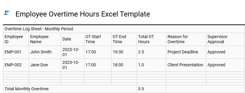 Employee Overtime Hours Excel Template