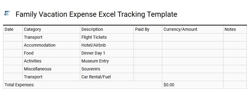 Family Vacation Expense Excel Tracking Template
