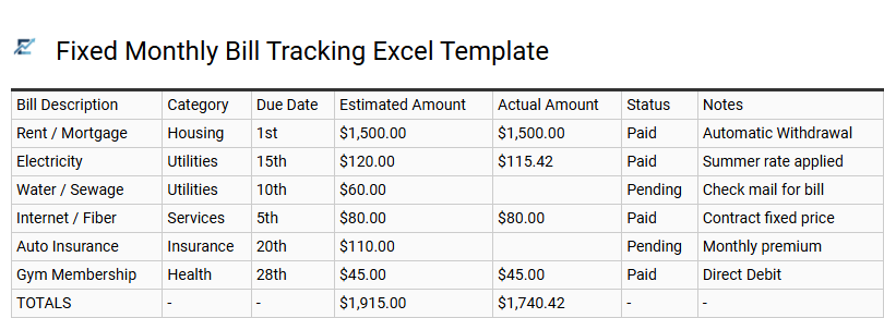 Fixed Monthly Bill Tracking Excel Template