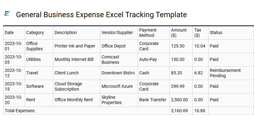 General Business Expense Excel Tracking Template