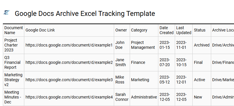 Google Docs Archive Excel Tracking Template