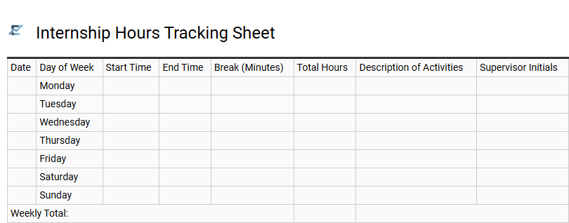 Internship Hours Tracking Sheet
