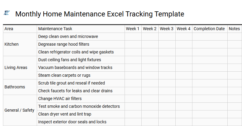 Monthly Home Maintenance Excel Tracking Template