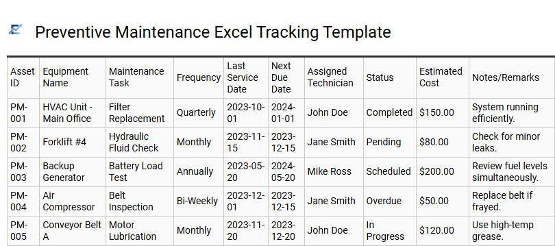 Preventive Maintenance Excel Tracking Template