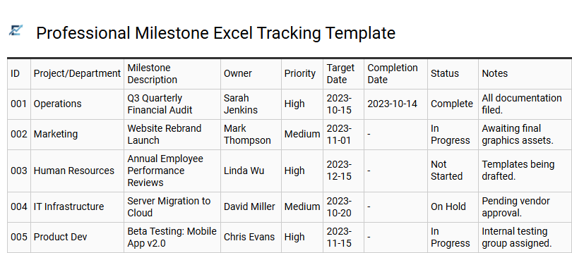 Professional Milestone Excel Tracking Template