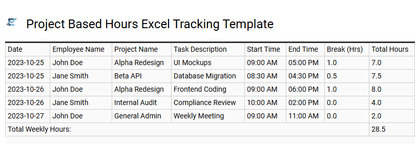 Project Based Hours Excel Tracking Template