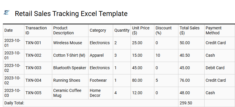 Retail Sales Tracking Excel Template