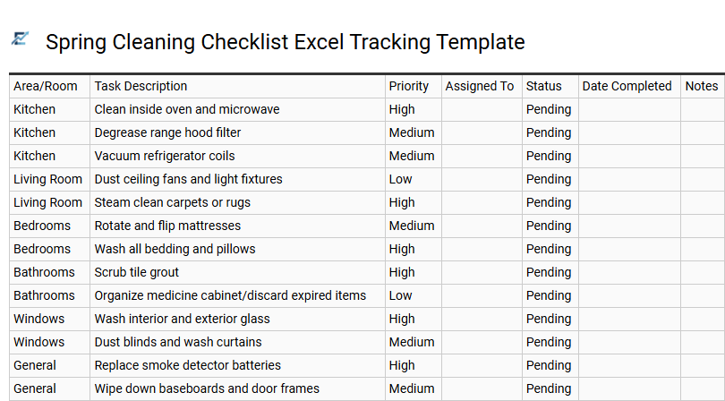 Spring Cleaning Checklist Excel Tracking Template