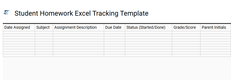 Student Homework Excel Tracking Template