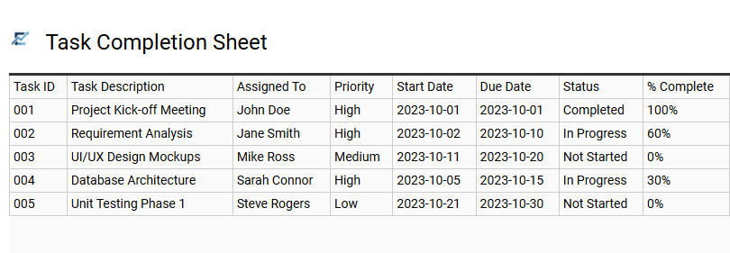 Task Completion Sheet